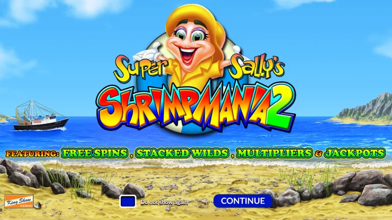 Super Sally's Shrimpmania 2 - หน้าจอหลักที่มีวงล้อ 5x4 และตาราง 40 เพย์ไลน์